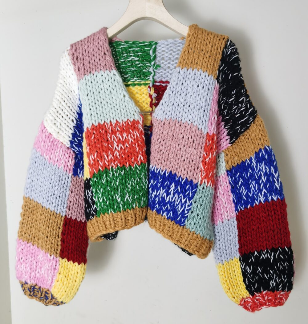 BEYONDARY Women's Handmade Retro Rainbow Plaid Cardigan Sweater with Contrast Colors