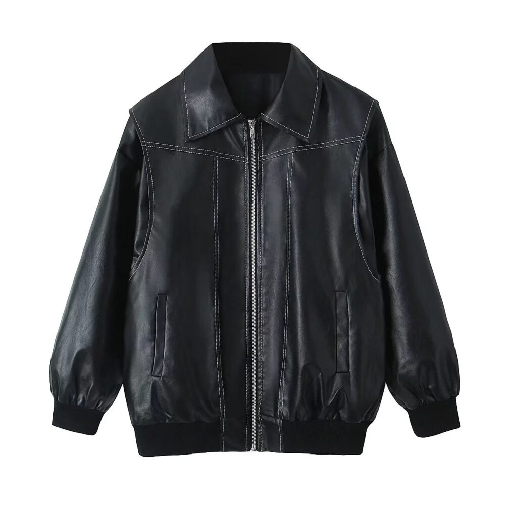 BEYONDARY Women's Loose-Fit Moto Biker Leather Jacket - Fashionable Lapel Zip-Up with Long Sleeves