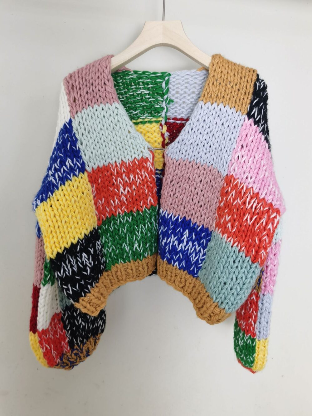 BEYONDARY Women's Handmade Retro Rainbow Plaid Cardigan Sweater with Contrast Colors