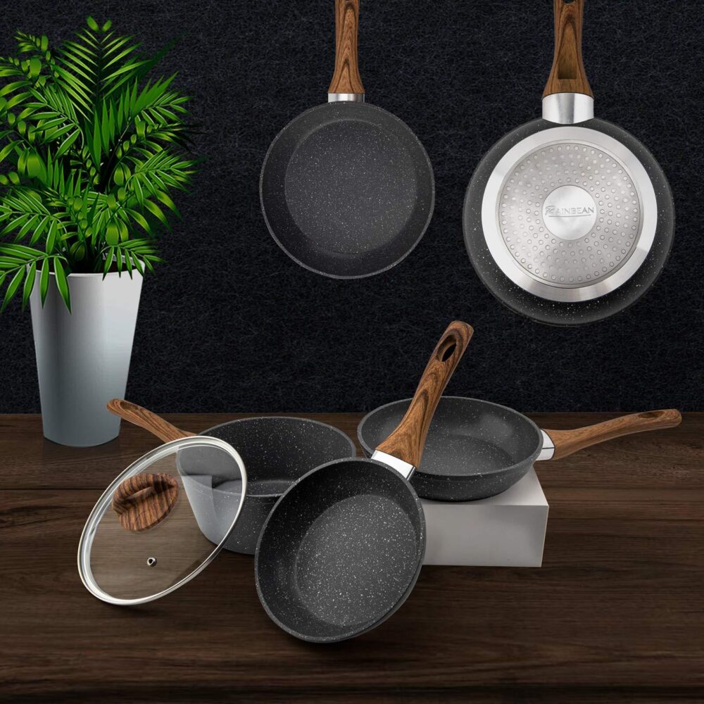 BEYONDARY 3-Piece Nonstick Cookware Set with Wood-Effect Handles, PFOA-Free