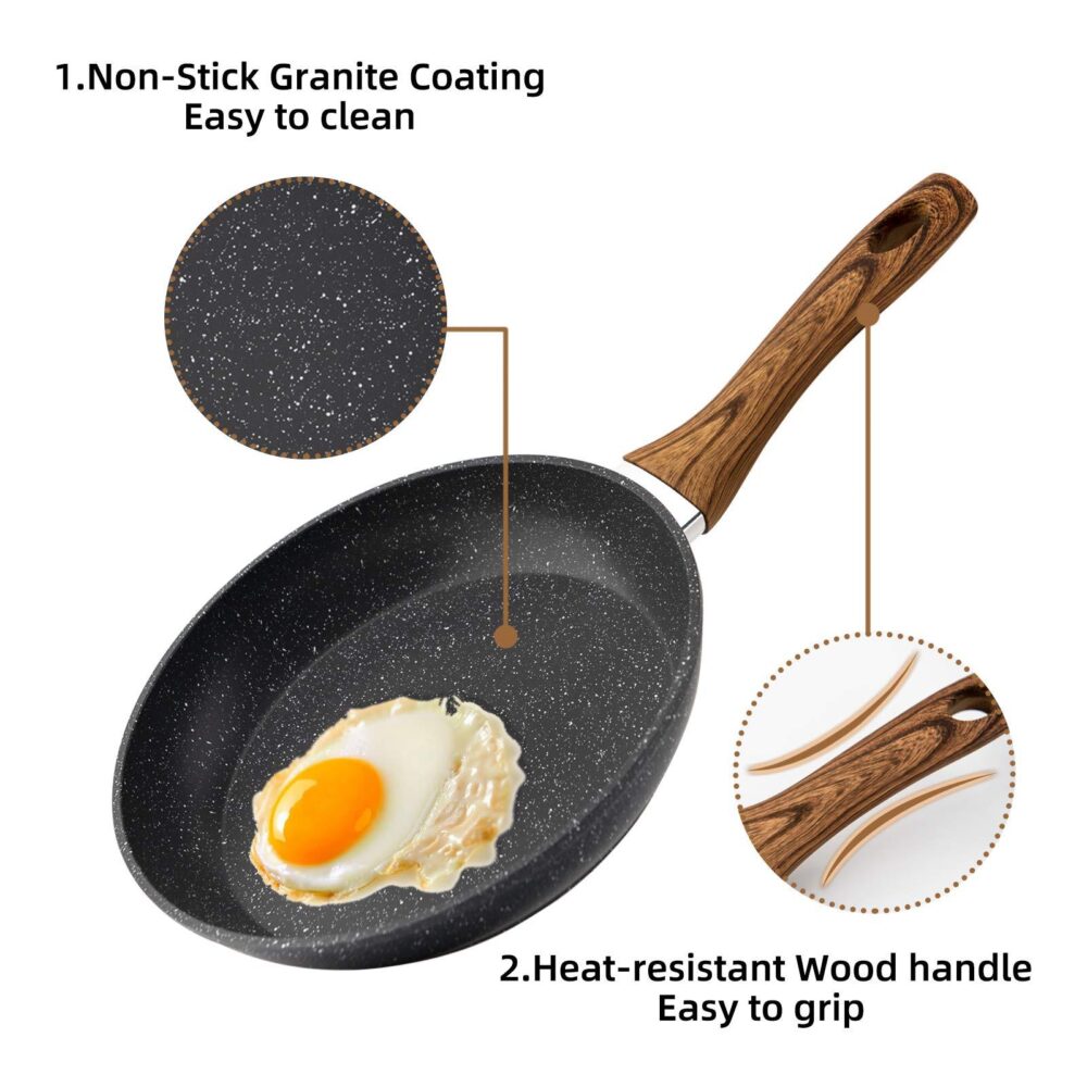 BEYONDARY 3-Piece Nonstick Cookware Set with Wood-Effect Handles, PFOA-Free